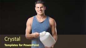  Presentation with protein - PPT layouts featuring young man holding white jar with protein powder on black background background and a tawny brown colored foreground