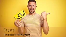  Presentation with wow - Colorful slides enhanced with young-man-holding-wow-text backdrop and a gold colored foreground