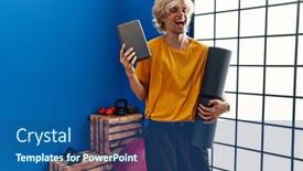  Presentation with yoga - PPT theme featuring young-man-holding-yoga-room background and a ocean colored foreground