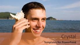  Presentation with sea shell - Beautiful PPT theme featuring young man holds a shell in a hand sea coast backdrop and a coral colored foreground