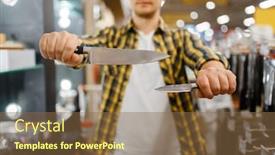  Presentation with knives - Beautiful PPT layouts featuring young-man-holds-kitchen-knives backdrop and a tawny brown colored foreground