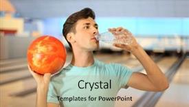  Presentation with pure water - PPT theme featuring young man holds orange ball and drinks pure water from bottle in bowling club shallow depth of field background and a coral colored foreground