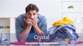  Presentation with clothing - PPT theme consisting of young man husband doing clothing ironing at home background and a ocean colored foreground