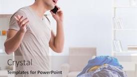  Presentation with clothing - Beautiful slide deck featuring young man husband doing clothing ironing at home backdrop and a light gray colored foreground