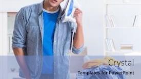  Presentation with young man on the phone - Slides having young-man-husband-doing-clothing background and a teal colored foreground