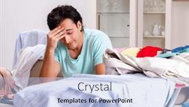  Presentation with ironing - PPT theme featuring young-man-husband-ironing background and a light blue colored foreground