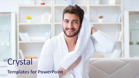  Presentation with greeiting show man - Audience pleasing slides consisting of young man in a bathrobe backdrop and a sky blue colored foreground