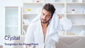  Presentation with television watching - Beautiful slide deck featuring young man in a bathrobe backdrop and a sky blue colored foreground