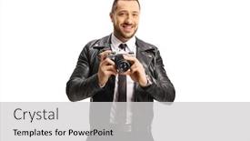  Presentation with old fashioned - PPT layouts having young-man-in-a-leather background and a light gray colored foreground