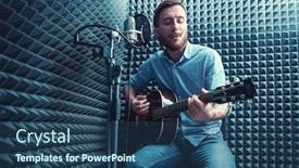  Presentation with recording studio - Beautiful PPT layouts featuring young-man-in-a-recording backdrop and a ocean colored foreground
