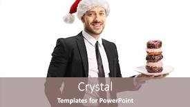  Presentation with donuts chocolate - Slide deck having young man in a suit holding a plate of chocolate donuts and wearing a santa claus hat isolated on white background background and a gray colored foreground