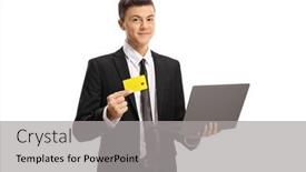  Presentation with credit card - PPT layouts enhanced with young-man-in-a-suit background and a light gray colored foreground