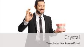  Presentation with jaw - Colorful presentation design enhanced with young-man-in-a-suit backdrop and a light gray colored foreground