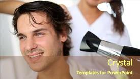  Presentation with beauty salon men - Presentation design enhanced with young man in beauty salon background and a tawny brown colored foreground