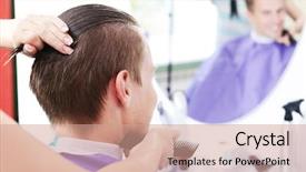  Presentation with beauty salon men - Presentation theme having young man in beauty salon background and a coral colored foreground