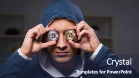  Presentation with data mining data minig concept - Audience pleasing PPT theme consisting of young man in bitcoin mining backdrop and a  colored foreground