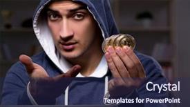  Presentation with data mining data minig concept - PPT layouts featuring young man in bitcoin mining background and a navy blue colored foreground