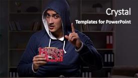  Presentation with mining - Colorful presentation design enhanced with young man in bitcoin mining backdrop and a  colored foreground