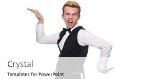  Presentation with classic - Colorful PPT theme enhanced with young man in black classic vest isolated on white backdrop and a white colored foreground
