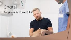  Presentation with knee - Amazing PPT theme having young man in black t-shirt showing sick leg or knee while describing his problem to doctor in clinics backdrop and a light gray colored foreground