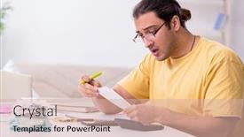  Presentation with budget - Amazing presentation theme having young-man-in-budget-planning backdrop and a soft green colored foreground