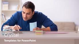  Presentation with budget - Amazing presentation theme having young-man-in-budget-planning backdrop and a coral colored foreground