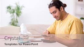  Presentation with budget - Cool new PPT theme with young-man-in-budget-planning backdrop and a soft green colored foreground