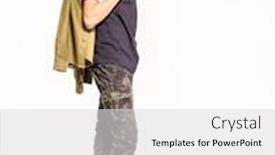  Presentation with clothing - Audience pleasing PPT theme consisting of young-man-in-camouflage-clothing backdrop and a light gray colored foreground