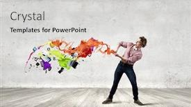  Presentation with flying doves temp plate - Presentation theme consisting of young man in casual evading from flying icons background and a light gray colored foreground