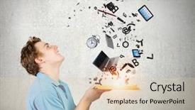  Presentation with flying - Amazing slide deck having young man in casual holding backdrop and a  colored foreground