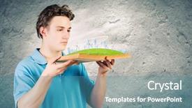 Presentation with windmills - Presentation theme enhanced with young-man-in-casual-holding background and a teal colored foreground