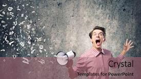  Presentation with young - Beautiful presentation theme featuring young man in casual screaming backdrop and a coral colored foreground