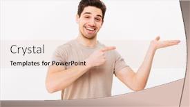  Presentation with broad - PPT theme consisting of young man in casual t-shirt posing on camera with broad smile and presenting copyspace text or product on palm isolated over white background background and a lemonade colored foreground