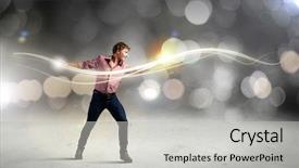  Presentation with magic - Colorful slide set enhanced with young man in casual throwing magic light backdrop and a light gray colored foreground