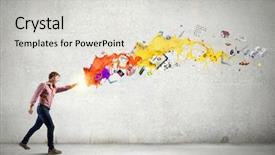  Presentation with paint - Slides enhanced with young man in casual throwing colorful paint splashes background and a light gray colored foreground