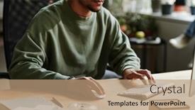  Presentation with computer software - PPT theme having young-man-in-casualwear-clicking background and a coral colored foreground