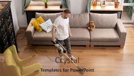  Presentation with room cleaning - Presentation theme enhanced with young-man-in-casualwear-doing background and a coral colored foreground