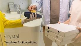  Presentation with courier - PPT layouts consisting of young-man-in-casualwear-holding background and a coral colored foreground