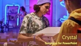  Presentation with courier - Slide set enhanced with young-man-in-casualwear-holding background and a tawny brown colored foreground