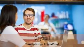  Presentation with coffee talk - PPT layouts featuring young man in casualwear and his colleague enjoying coffee in cafe and having talk at break background and a coral colored foreground