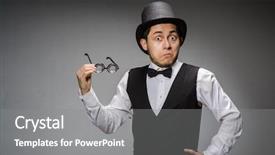  Presentation with classical - Beautiful presentation design featuring young man in classical black vest and hat against gray backdrop and a gray colored foreground