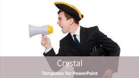  Presentation with pirate - Presentation theme featuring young man in costume with pirate hat and megaphone isolated on white background and a gray colored foreground