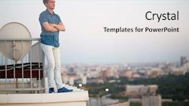  Presentation with railing - Beautiful PPT theme featuring young man in denim clothes stands crossing arms on chest on the roof leaning his back to the railing backdrop and a white colored foreground