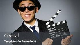  Presentation with elegant - Slides with young man in elegant suit holding clapperboard against gray background and a dark gray colored foreground