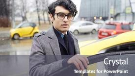  Presentation with taxi - Cool new slide deck with young man in eyeglasses going to get into taxi cab backdrop and a dark gray colored foreground