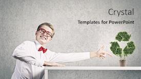  Presentation with recycle - Presentation design consisting of young man in glasses and pot with recycle sign on table background and a light gray colored foreground