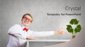 Presentation with recycle - Slide deck with young man in glasses and pot with recycle sign on table background and a light gray colored foreground
