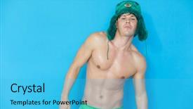  Presentation with green star - Presentation theme enhanced with young man in green fur cap with red star and green swimming trunks on blue background background and a cyan colored foreground