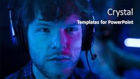  Presentation with blue neon - PPT theme with young-man-in-headset-looking background and a navy blue colored foreground