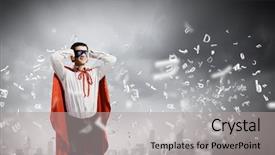  Presentation with hero - PPT layouts featuring young man in hero costume closing ears with palms background and a light gray colored foreground